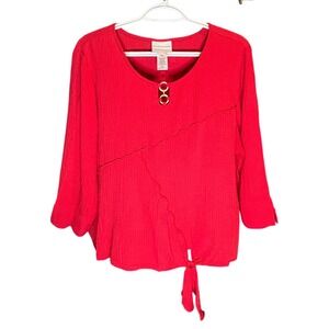 Alfred Dunner Petite PXL Red Textured Crew Neck Tie Front Blouse Top